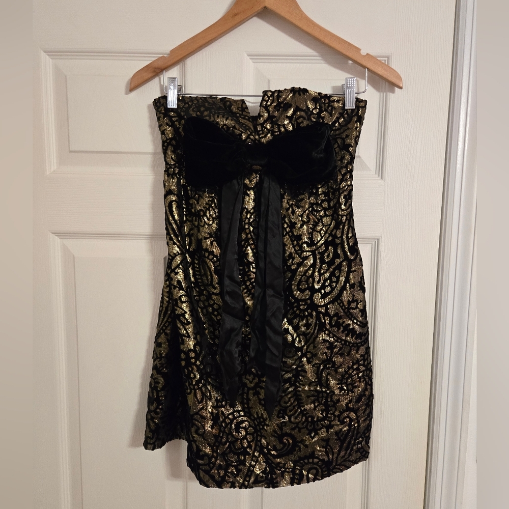 Betsey Johnson Black and Gold Velvet Dress strapless size 4 (read condition)